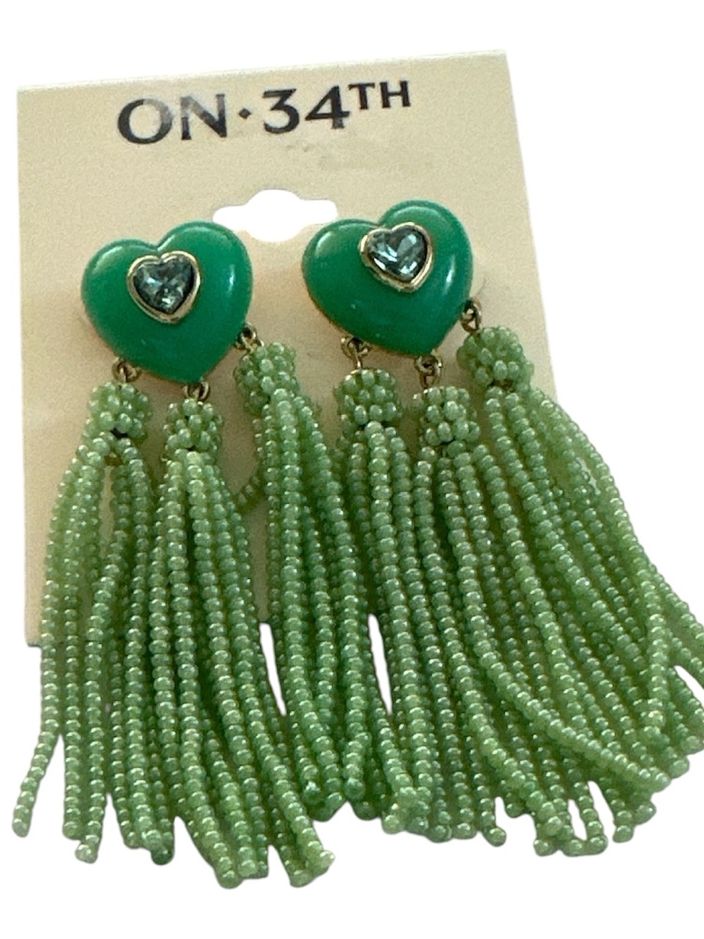 On 34TH Green Heart Beaded Tassel Drop Pierced Earrings